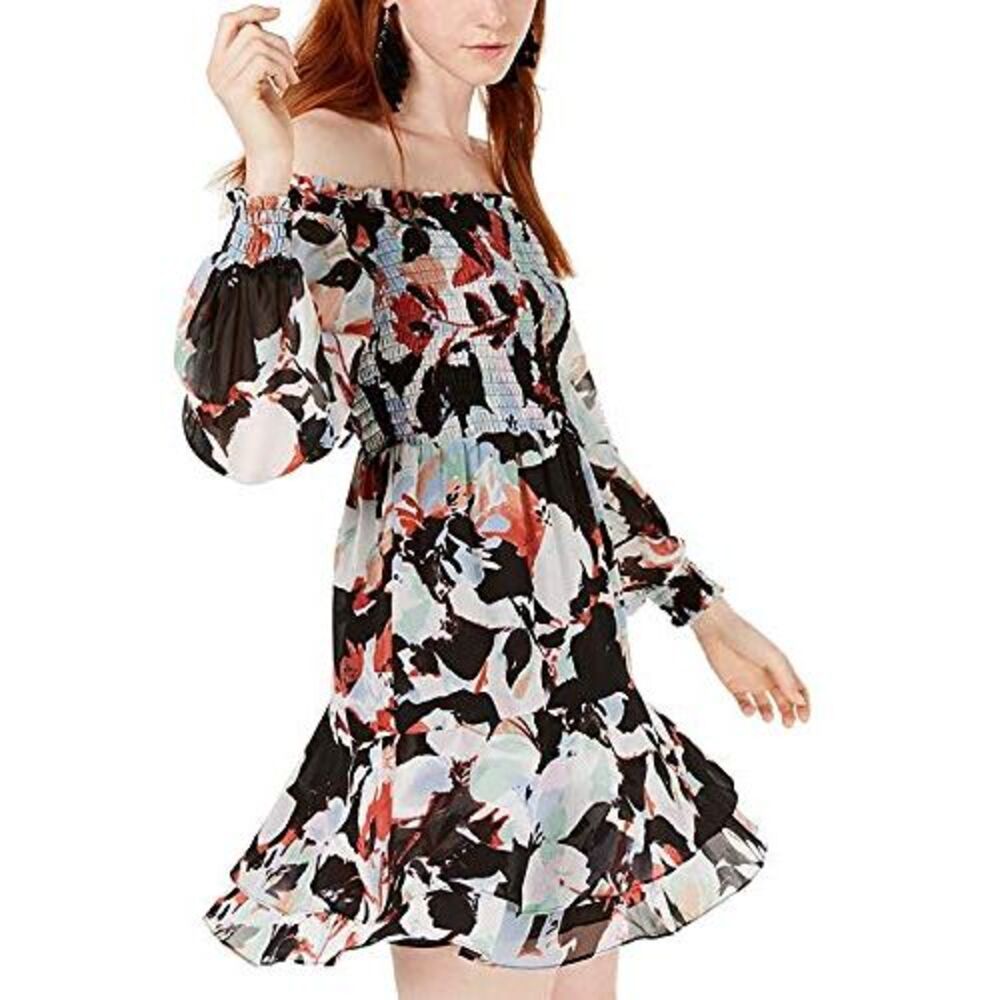 Bar III Womens Floral Print Ruffled Casual Dress